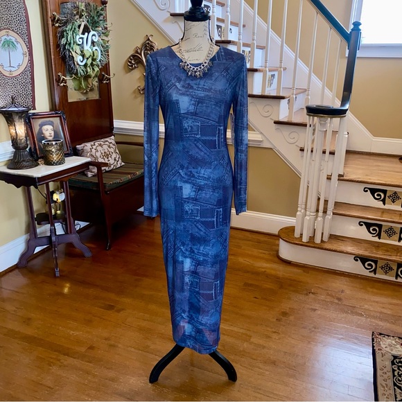 NWT’s Almost Famous Denim Print mesh Maxi Dress - Picture 5 of 12